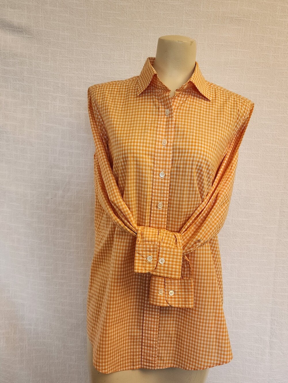 Faconnable Shirt Womans Med Orange/White Gingham Long Sleeve  100% Cotton A439